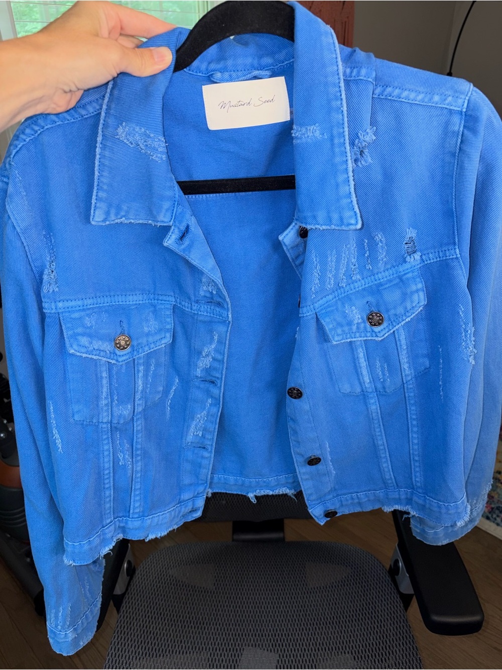 Mustard Seed Vibrant Blue Distressed Denim Jacket